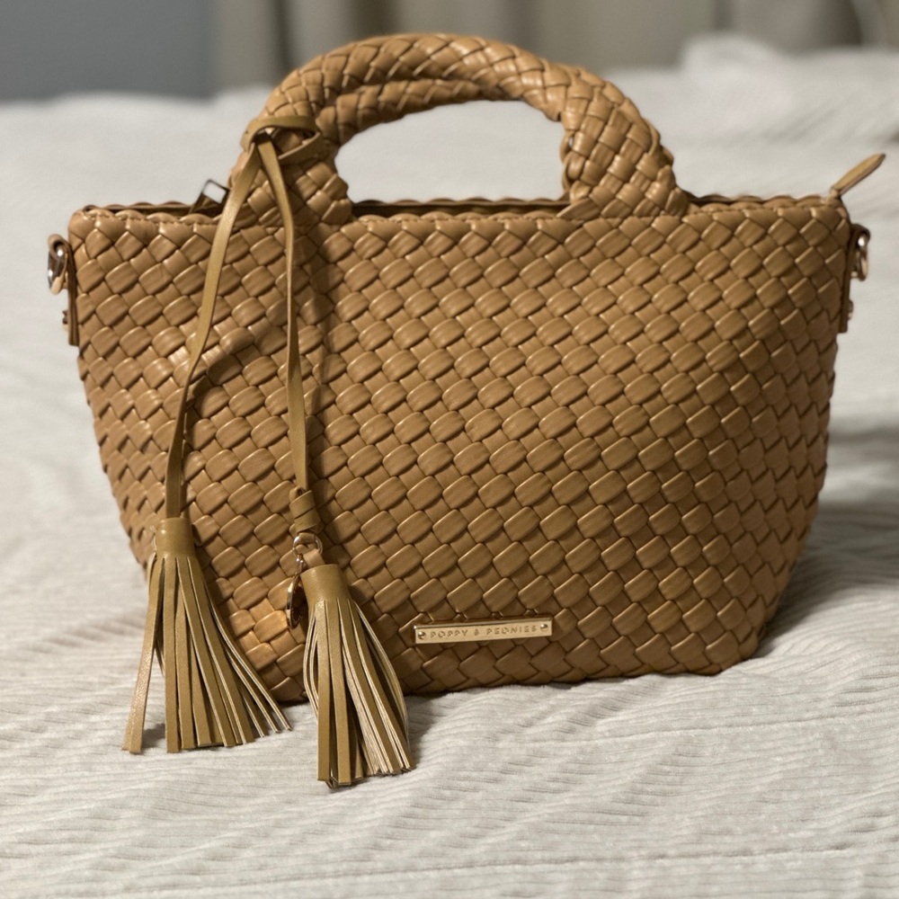 Poppy & Peonies Tan Basketweave Tote with Tassels